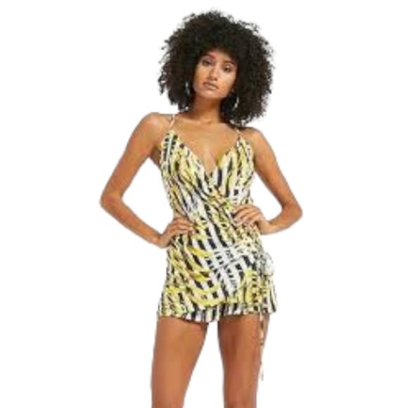 Luxxel Romper Leaf Print Yellow Black White Stripe Women's Size Small - Picture 1 of 12